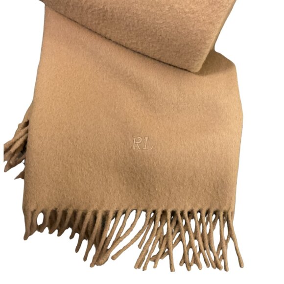 Lauren Ralph Lauren 100% Cashmere Scarf | Purple Label / Camel - Picture 3 of 3